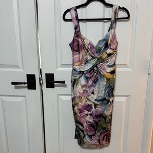 David Meister Purple and Green Floral Midi Dress